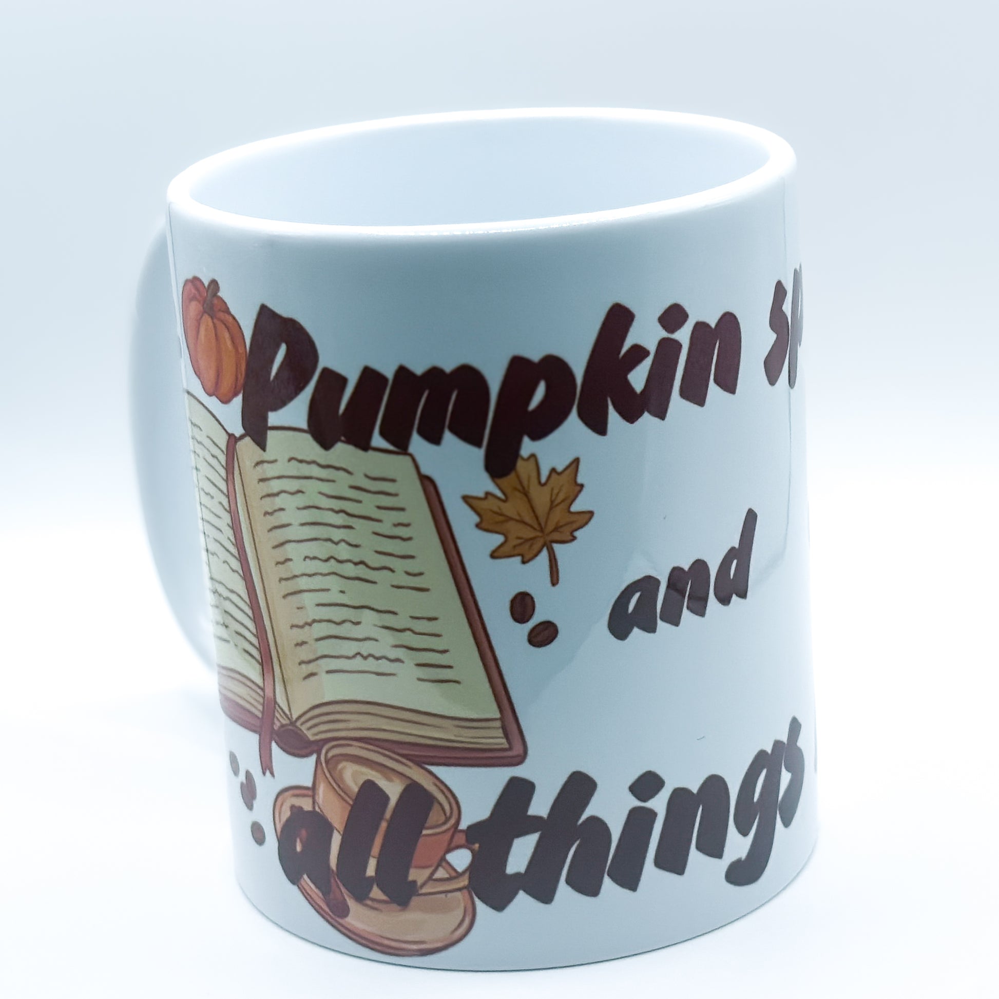 Pumpkin Spice and All Things Nice mug with autumn book design